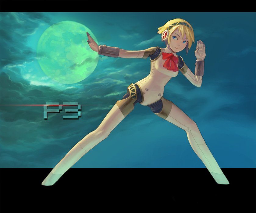 aegis_(persona) android blonde_hair blue_eyes cloud fighting_stance full_moon moon on4ce persona persona_3 short_hair sky solo