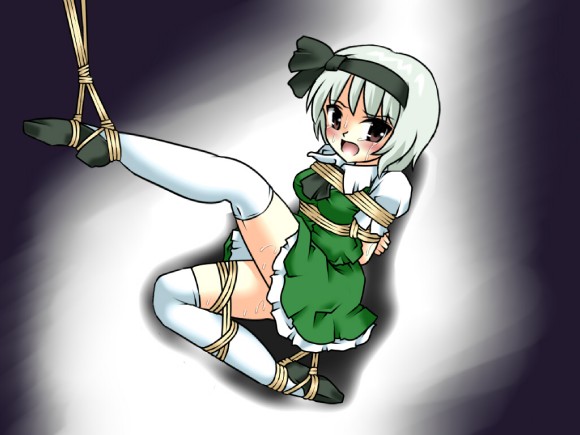 arms_behind_back bdsm bondage bound box_tie konpaku_youmu lilish solo thighhighs touhou