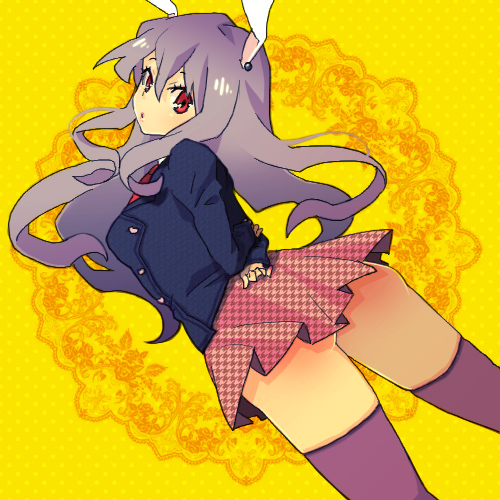 animal_ears arms_behind_back ass blazer bunny_ears houndstooth jacket lavender_hair long_hair lowres miniskirt mot o_o red_eyes reisen_udongein_inaba skirt solo thighhighs touhou