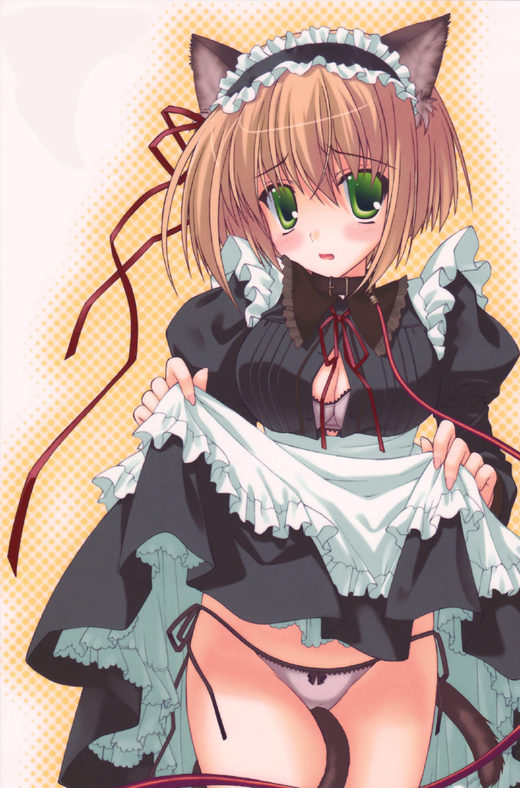animal_ears apron blush bra breasts brown_hair cat_ears cleavage copyright_request green_eyes highres large_breasts leash lingerie maid maid_headdress nanao_naru open_mouth panties ribbon short_hair skirt skirt_lift solo tail thighhighs underwear