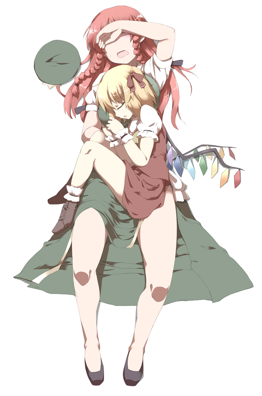 arm_up blonde_hair blush braid breast_pillow covering_eyes drooling fetal_position flandre_scarlet from_above hat hat_removed headwear_removed highres hong_meiling lying lying_on_person multiple_girls no_hat no_headwear on_back red_hair saliva sleeping sweat tokyo_(great_akuta) touhou twin_braids wings