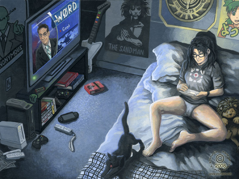 anonymous bed black_hair book cat closed_eyes colbert_report duplicate food game_console glasses guitar_hero handheld_game_console kacey_miyagami koiwai_yotsuba lion lying nintendo_ds otaku_room panties playing_games playstation_portable pocky portal portal_(series) poster_(object) solo stephen_colbert stuffed_animal stuffed_toy television the_sandman traditional_media underwear weighted_companion_cube wii xbox xbox_360 yotsubato!