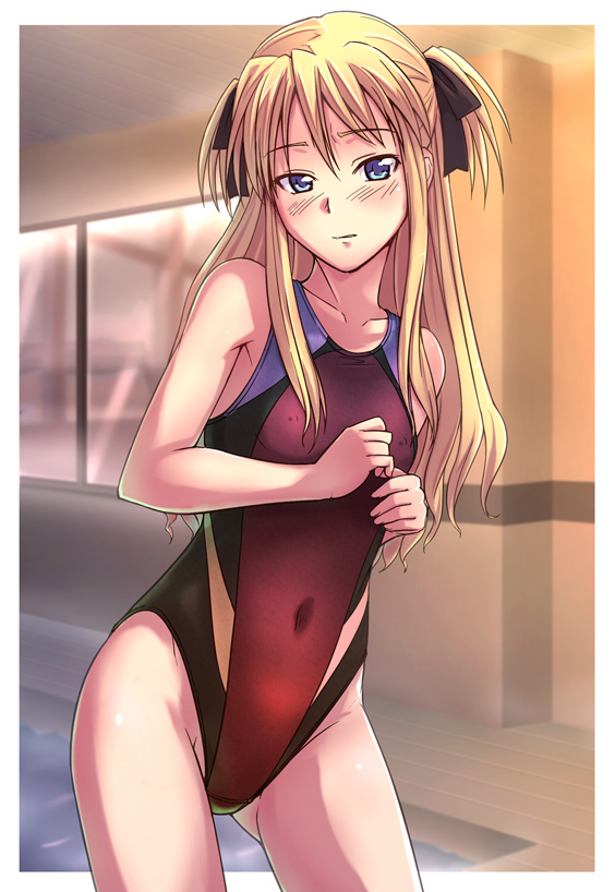 blonde_hair blue_eyes breasts competition_swimsuit e20 long_hair one-piece_swimsuit quiz_magic_academy shalon small_breasts solo swimsuit
