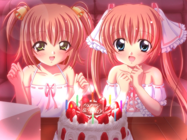2girls bare_shoulders cake food game_cg multiple_girls nanami_to_konomi_no_oshiete_abc nishimura_konomi nishimura_nanami please_teach_me_abc ribbon siblings studio_ring twins twintails