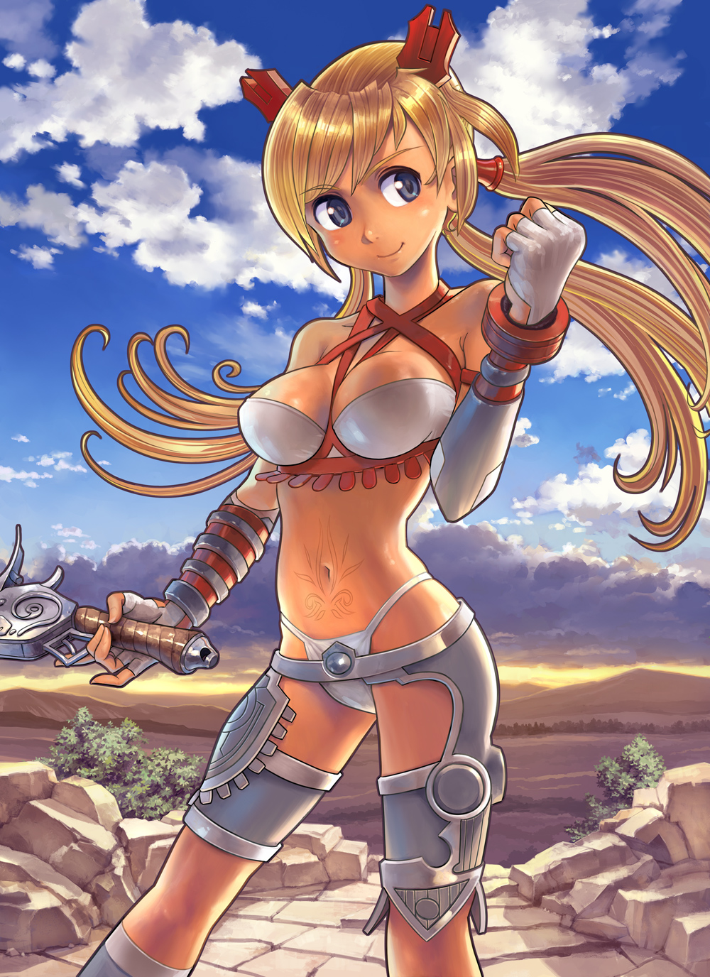 1girl ayumi_(x-blades) blonde_hair blue_eyes blush breasts highres long_hair panties solo sword thong twintails underwear weapon x-blades