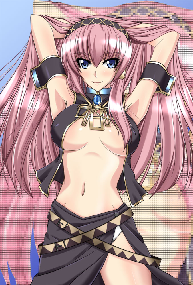 adjusting_hair armband armpits arms_up belt blue_eyes breasts cleavage covered_nipples hairband large_breasts long_hair megurine_luka midriff navel no_bra panties pink_hair pixelated shirokuma_a smile solo standing underwear vocaloid white_panties zoom_layer