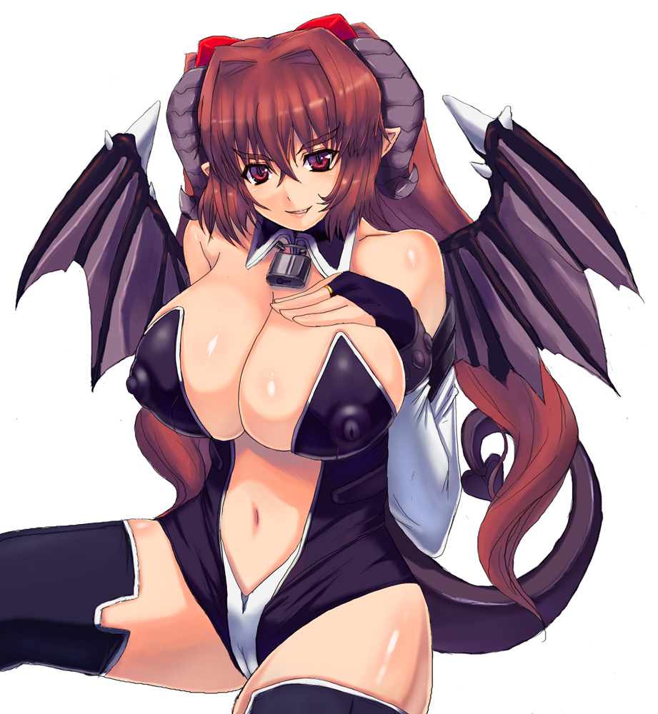 bad_id bad_pixiv_id bare_shoulders breast_suppress breasts brown_hair cameltoe cleavage covered_nipples demon_girl horns huge_breasts lock long_hair miyamoto_issa naughty_face navel original red_eyes sitting smirk solo tail thighhighs wings