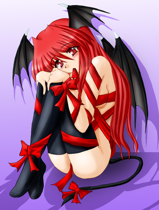 demon_tail demon_wings koakuma long_hair naked_ribbon nude red_eyes red_hair ribbon solo tail thighhighs touhou ugatidou wings