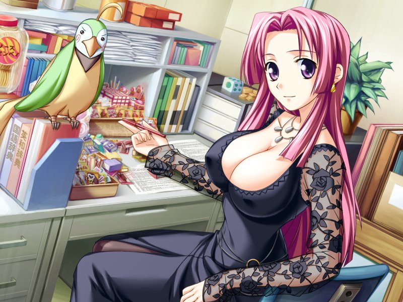 bird breasts candy cleavage desk dress food game_cg large_breasts ooeyama_inori pantyhose parrot pen pink_hair purple_eyes shironeko_sanbou smile solo tsuyokiss