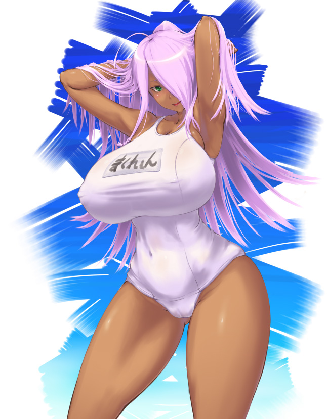 adjusting_hair areolae armpits arms_up breasts cameltoe curvy dark_skin dragonaut garnet_mclane green_eyes hair_over_one_eye huge_breasts long_hair one-piece_swimsuit pink_hair smile solo swimsuit tia_(soukai_no_soko_no_kuni) white_swimsuit wide_hips