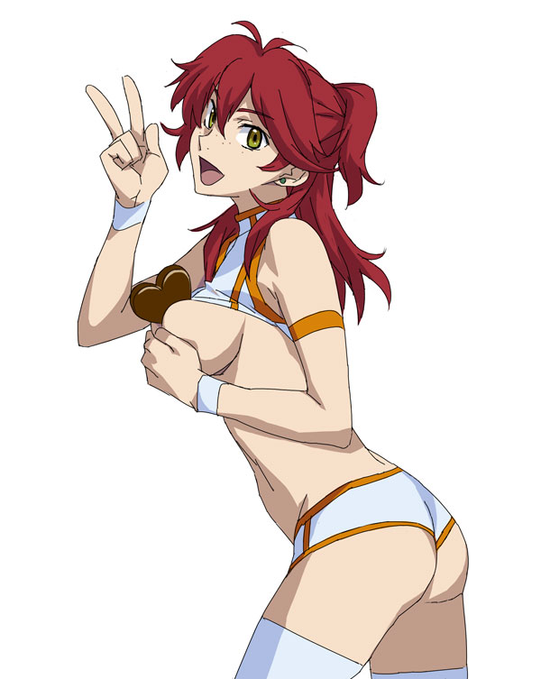 breasts covering covering_breasts earrings freckles green_eyes gundam gundam_00 jewelry kizaki large_breasts midriff nena_trinity red_hair shirt_lift sideboob solo thighhighs v valentine