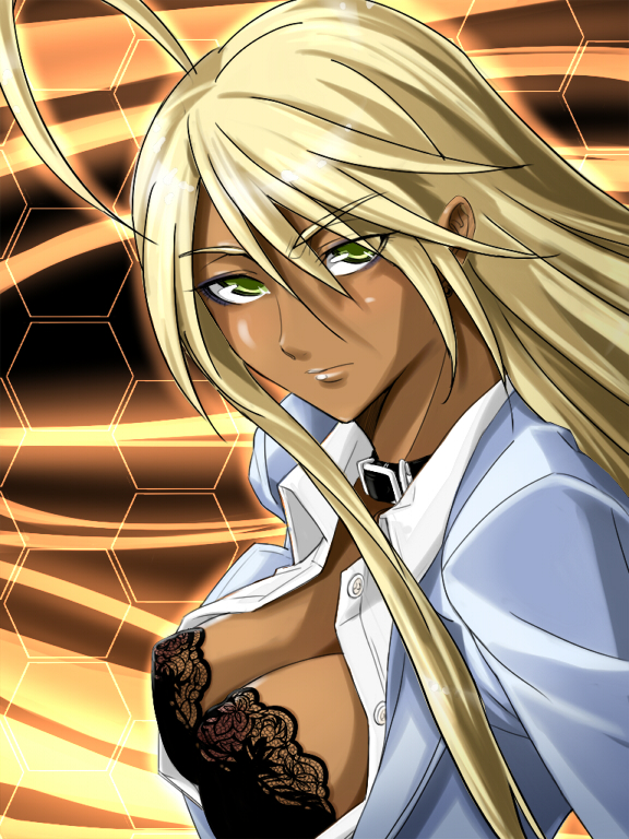 ahoge blonde_hair breasts choker cleavage copyright_request dark_skin green_eyes large_breasts lingerie long_hair open_clothes open_shirt schelz shirt solo underwear very_long_hair