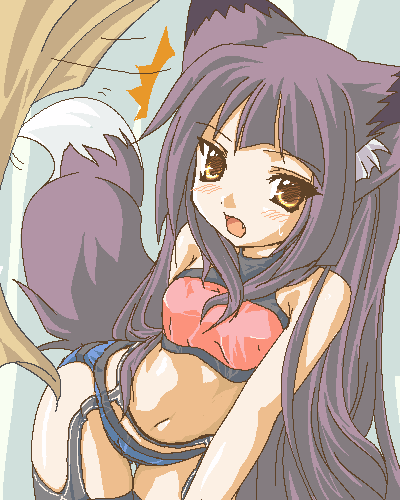 1girl animal_ear_fluff animal_ears copyright_request fang fox_ears fox_tail kazami_karasu lingerie long_hair lowres purple_hair solo surprised sweat tail underwear undressing yellow_eyes