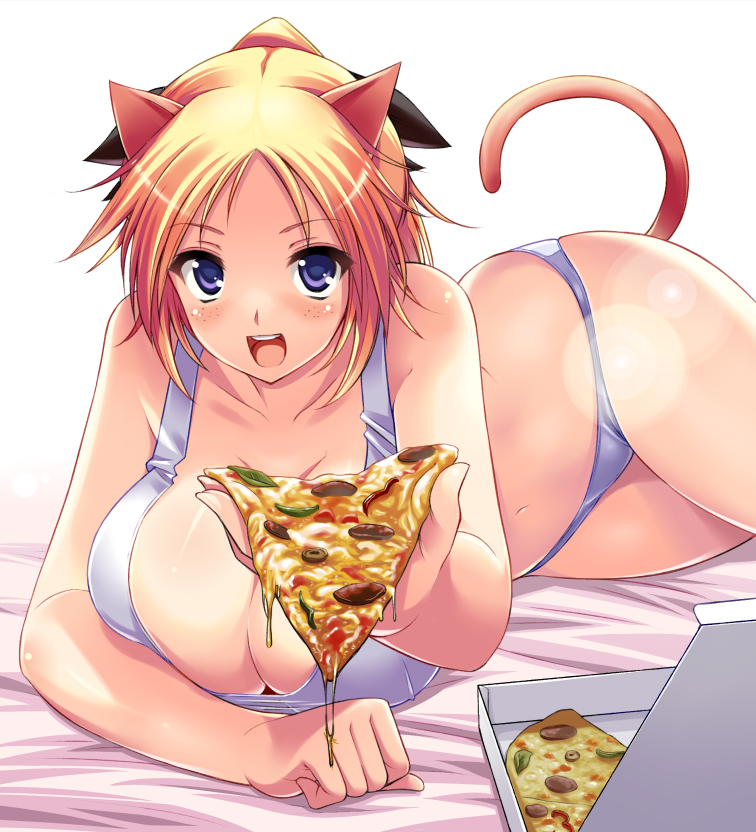 aida_takanobu animal_ears blonde_hair blue_eyes breasts cat_ears curvy feeding food freckles holding_pizza huge_breasts katharine_ohare panties pizza pov_feeding slice_of_pizza solo tail underwear world_witches_series