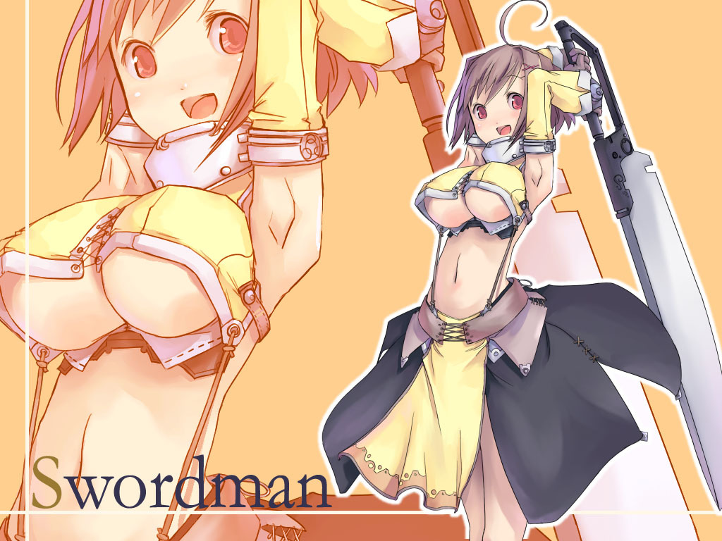 ahoge armpits artist_request breasts brown_hair copyright_request detached_sleeves large_breasts navel open_mouth red_eyes short_hair solo sword underboob wallpaper weapon zoom_layer