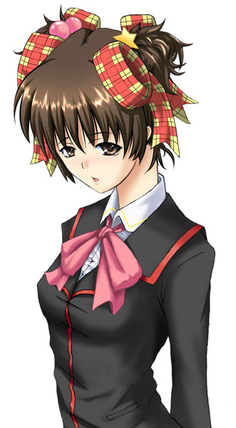 bow bowtie brown_hair crossdressing hair_ribbon little_busters! long_sleeves male_focus naoe_riki pink_bow pink_neckwear red_ribbon ribbon school_uniform simple_background solo twintails white_background