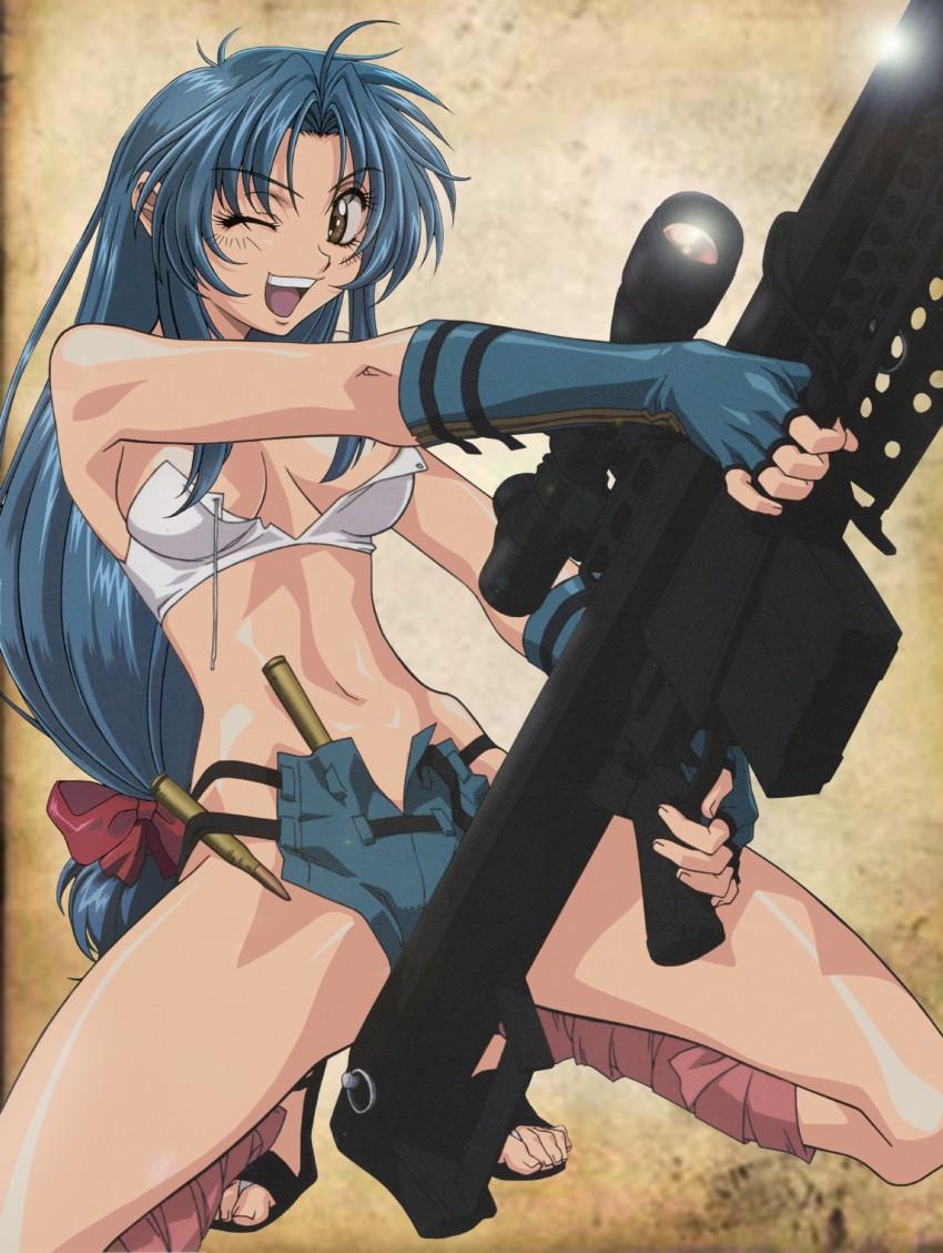 .50_cal 1girl artist_request barret_.50_cal breasts chidori_kaname female fingerless_gloves full_metal_panic full_metal_panic! gloves gun rifle shorts sniper_rifle solo weapon wink