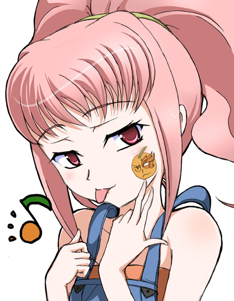:p anya_alstreim blush code_geass jeremiah_gottwald musical_note overalls pink_eyes pink_hair solo tongue tongue_out tri