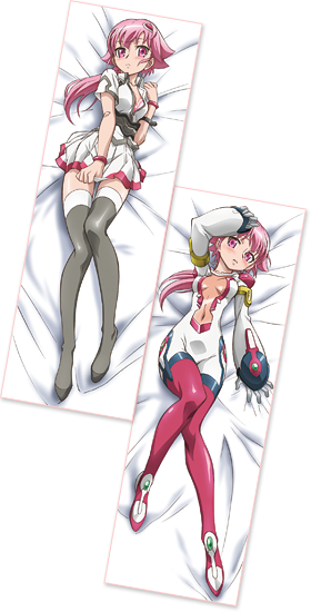 blush breasts cleavage dakimakura feet lying medium_breasts on_back pink_eyes pink_hair ponytail shishidou_akiha skirt sora_wo_kakeru_shoujo thighhighs