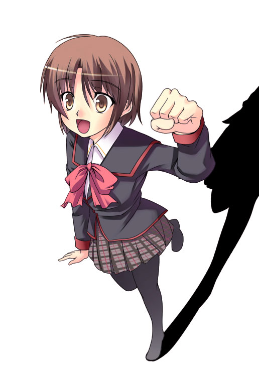 bob_cut bow brown_eyes brown_hair clenched_hand crossdressing furai little_busters! male_focus naoe_riki otoko_no_ko pantyhose pink_bow raised_fist school_uniform solo wrist_extended