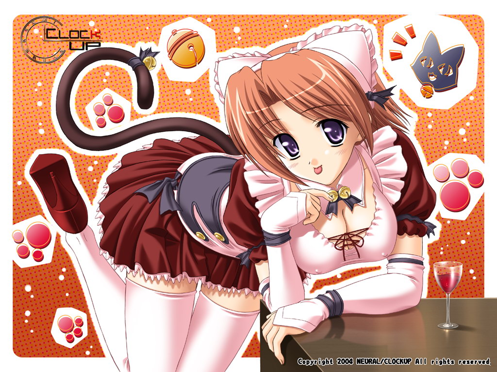 :p animal_ears arm_support artist_request bell bell_collar breasts cat cat_ears cleavage clockup collar covered_nipples cross-laced_clothes cup double-breasted drinking_glass elbow_gloves gloves high_heels hoshino_kasumi large_breasts official_art purple_eyes ribbon shoes solo source_request tail thighhighs tongue tongue_out underbust waitress watermark white_legwear wine_glass zettai_ryouiki