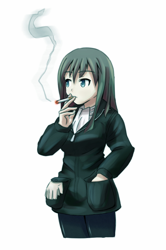 artist_request blue_eyes cigarette elizabeth_f_beurling gloves green_hair pantyhose smoke smoking solo world_witches_series