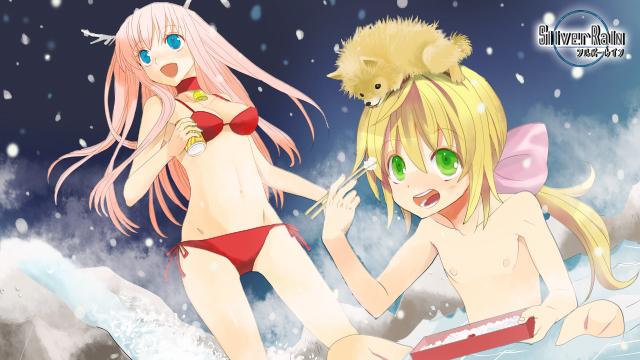 1girl antlers bell bikini blonde_hair blue_eyes blush breasts can choker chopsticks eitomo_haruno food green_eyes long_hair night night_sky nipples obentou object_on_head onsen open_mouth outdoors partially_submerged pink_hair ponytail rice side-tie_bikini silver_rain sitting sky small_breasts snow swimsuit