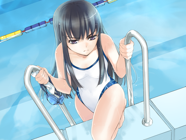barefoot black_hair competition_swimsuit goggles goggles_removed kuramoto_kaya lane_line long_hair one-piece_swimsuit pool pool_ladder purple_eyes solfege_(game) solo swimsuit water