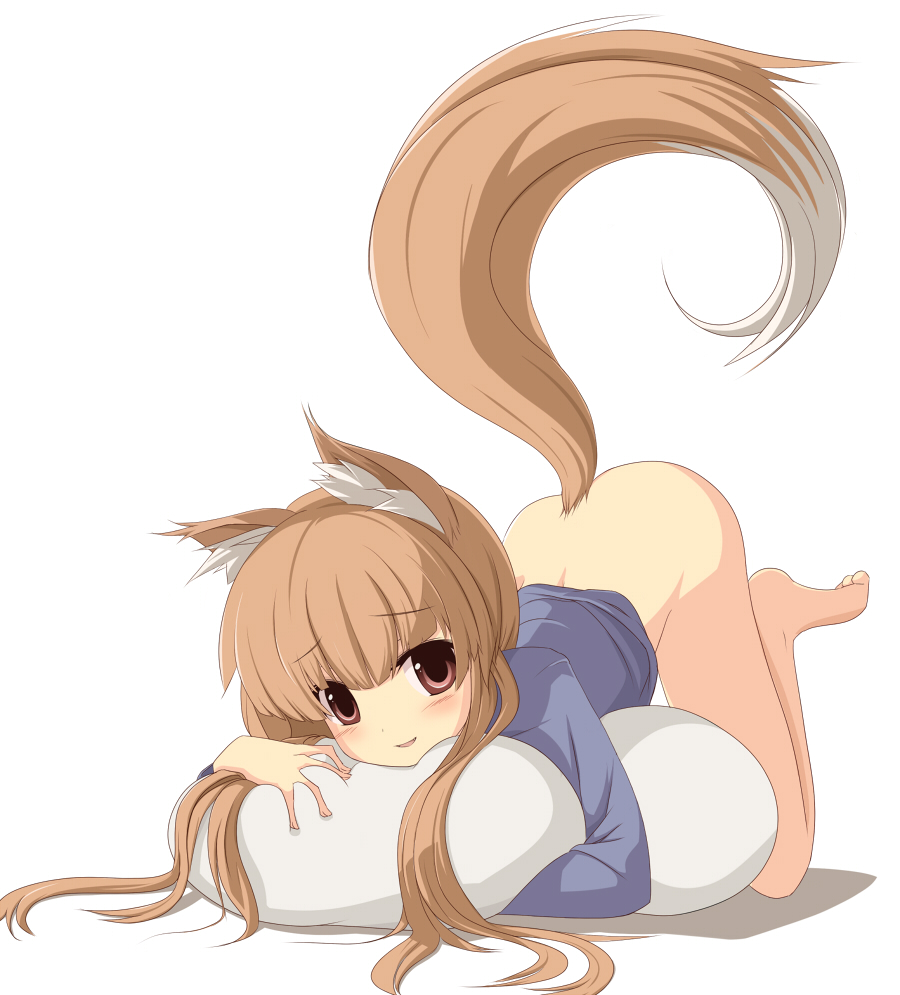animal_ears ass barefoot blush bottomless brown_hair full_body holo long_hair looking_at_viewer miko_machi pillow pillow_hug red_eyes simple_background smile solo spice_and_wolf tail top-down_bottom-up white_background wolf_ears