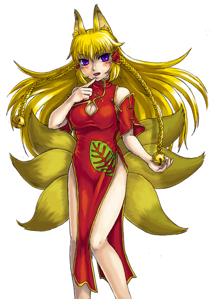 animal_ears bell blonde_hair blush braid breasts china_dress chinese_clothes cleavage cleavage_cutout detached_sleeves dress finger_to_mouth fox_ears fox_tail kenkou_cross large_breasts long_hair looking_at_viewer monster_girl monster_girl_encyclopedia multiple_tails official_art purple_eyes short_sleeves side_slit simple_background solo tail tongue white_background youko_(monster_girl_encyclopedia)
