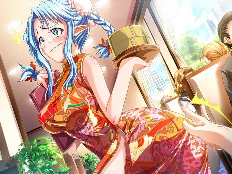blue_eyes blue_hair blush braid breasts china_dress chinese_clothes dress glasses large_breasts pointy_ears solo_focus source_request surprised tears waitress window
