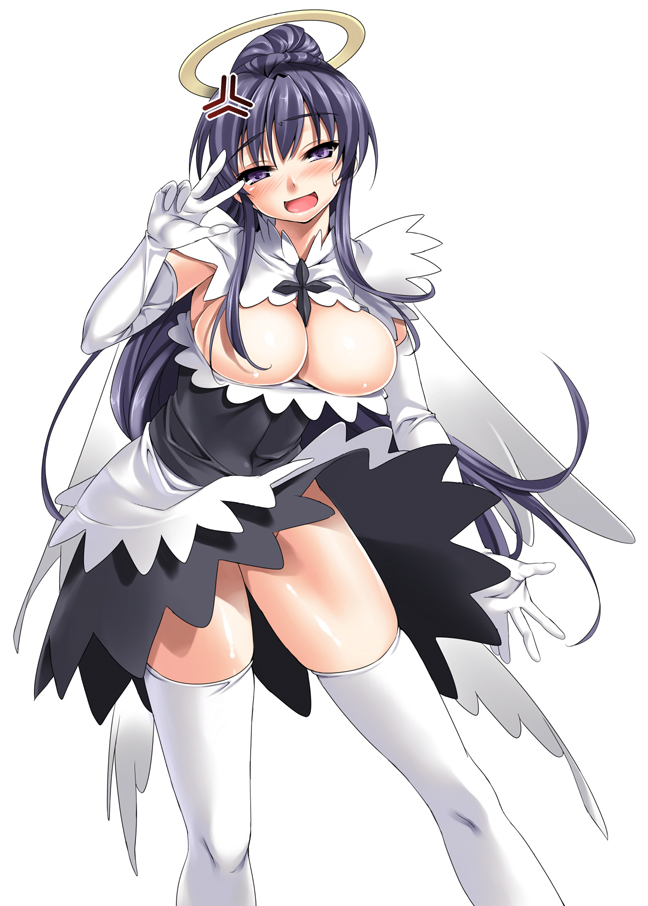 angel bad_id bad_pixiv_id blush breasts dress dress_lift drunk elbow_gloves gloves halo kanzaki_kaori kure_masahiro large_breasts long_hair maid no_nipples open_clothes ponytail purple_eyes purple_hair solo thighhighs to_aru_majutsu_no_index white_legwear wind wind_lift zettai_ryouiki