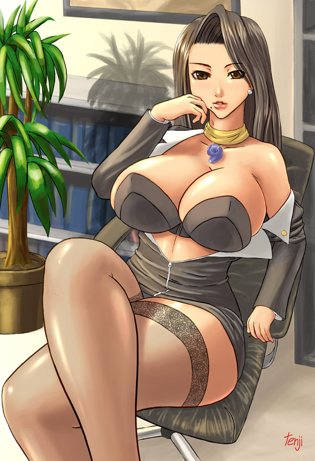 ayasato_chihiro bra breasts brown_eyes brown_hair cleavage crossed_legs curvy earrings gyakuten_saiban huge_breasts jewelry lingerie long_hair mole mole_under_mouth office open_clothes open_shirt pencil_skirt scarf shirt sitting skirt solo tenji thighhighs underwear wide_hips