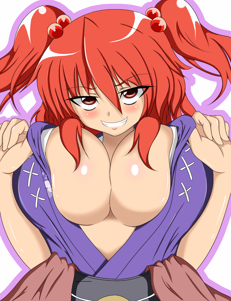 blush breast_lift breasts hair_bobbles hair_ornament huge_breasts naughty_face onozuka_komachi open_clothes open_shirt red_hair shirt smile solo touhou two_side_up zefyu
