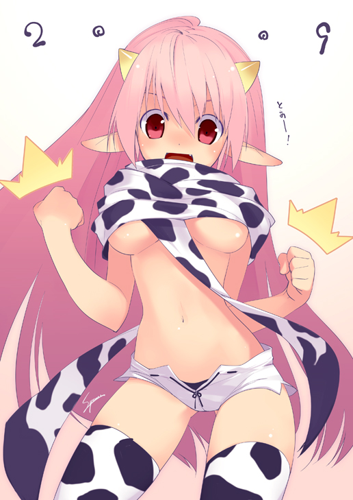 2009 animal_print breasts copyright_request cow_print medium_breasts midriff pink_hair pointy_ears scarf short_shorts shorts solo sumaki_shungo thighhighs underboob