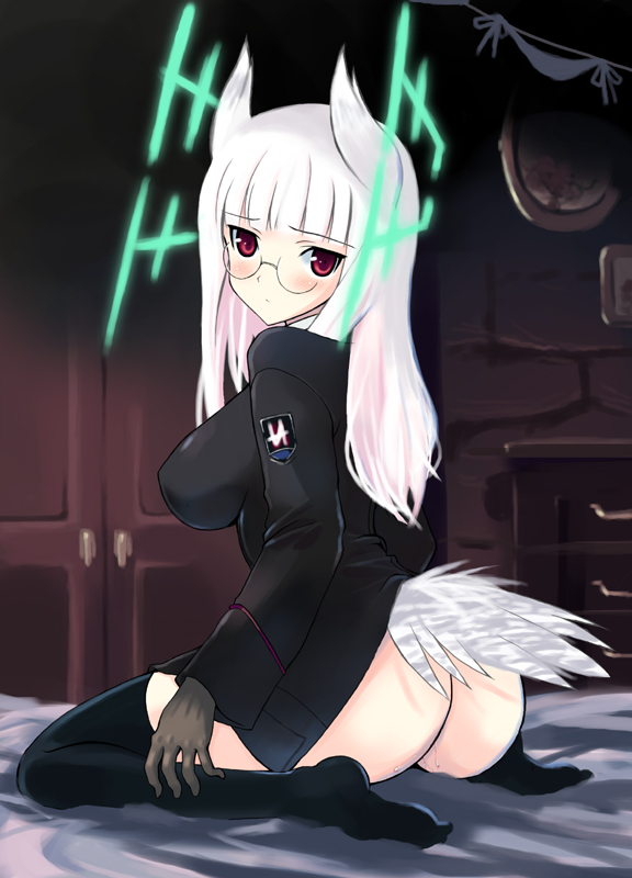 animal_ears ass black_legwear blush breasts glasses gloves heidimarie_w_schnaufer hirschgeweih_antennas kyougoku_shin large_breasts looking_back no_panties red_eyes solo strike_witches tail thighhighs white_hair world_witches_series