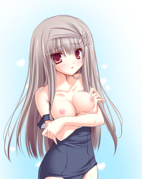 aquarian_age bad_id bad_pixiv_id breast_hold breasts brown_hair collarbone crossed_arms long_hair looking_at_viewer medium_breasts mikagami_mamizu nipples one-piece_swimsuit red_eyes school_swimsuit silver_hair solo swimsuit swimsuit_pull