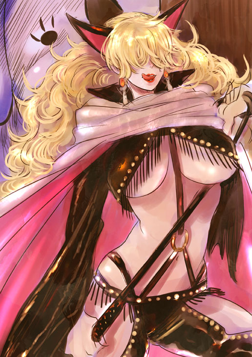 animal_ears blonde_hair breasts candle cloak earrings fringe_trim hair_over_eyes huge_breasts jewelry kito_(coyo) lipstick long_hair makeup minokoala one_piece revealing_clothes sadi-chan solo underboob whip