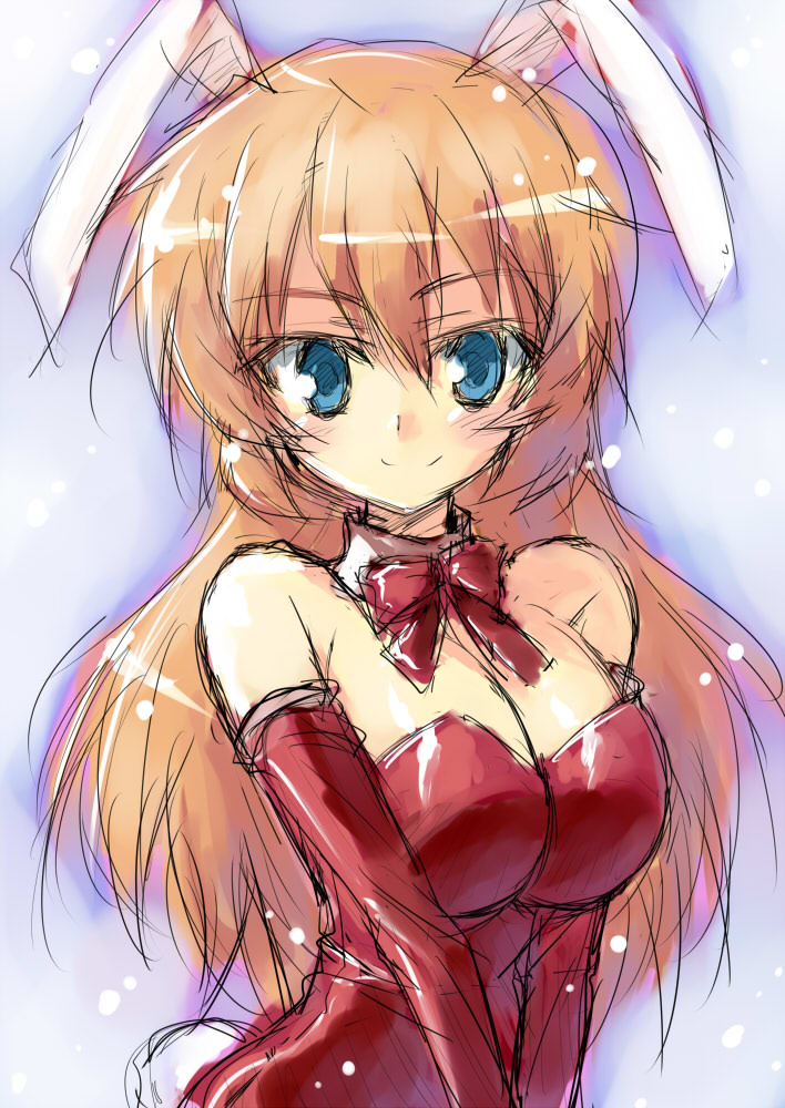 animal_ears blue_eyes bow bowtie breasts bunny_ears bunnysuit charlotte_e_yeager cleavage elbow_gloves gloves huge_breasts kurou_(niconicorin) long_hair sketch solo strike_witches world_witches_series