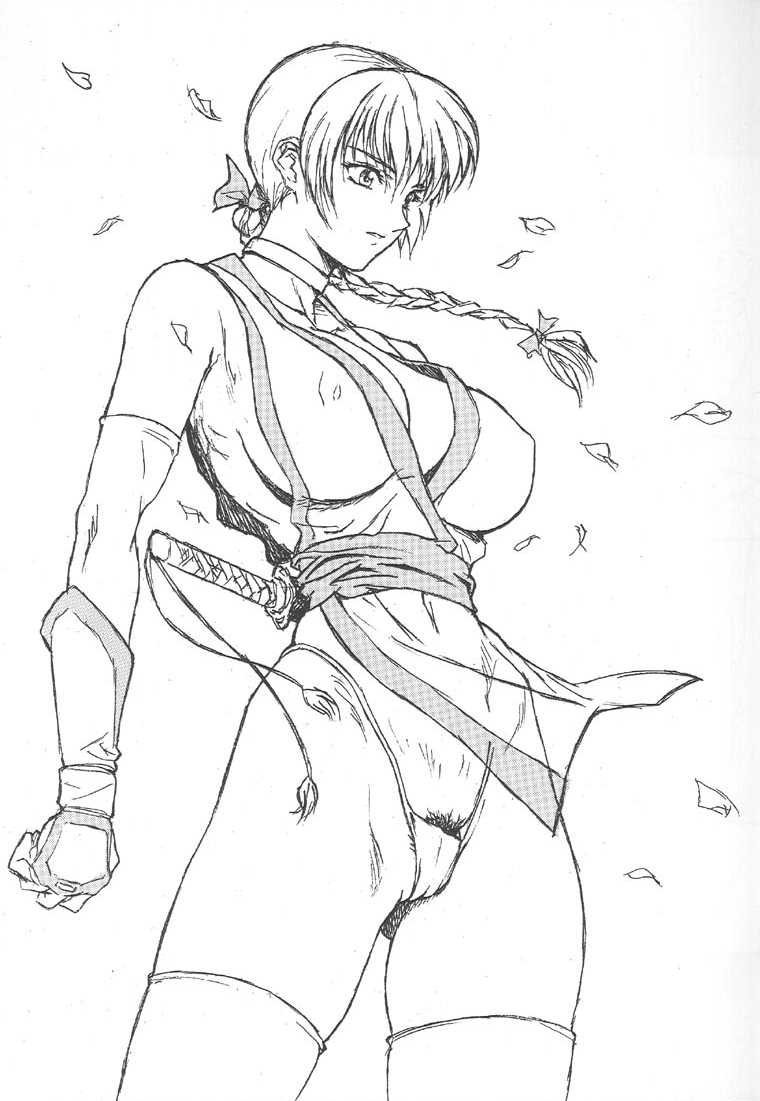 breasts cleavage dead_or_alive gauntlets greyscale jpeg_artifacts kasumi_(doa) large_breasts long_hair monochrome ninja panties petals pubic_hair sketch solo sword thighhighs thong underwear weapon wind wind_lift