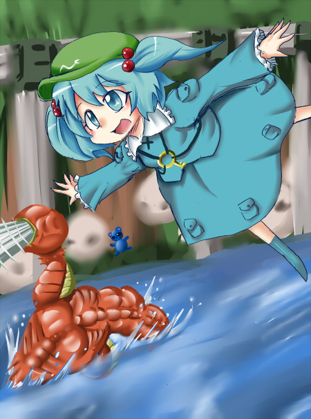 :d alien_soldier aruse_yuushi blue_dress crossover dress flat_cap gusthead hair_bobbles hair_ornament hat kawashiro_nitori long_sleeves open_mouth pocket river smile solo touhou two_side_up water