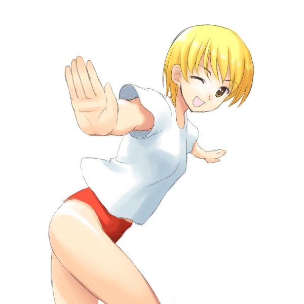 ;d atsukan blonde_hair brown_eyes buruma copyright_request eyebrows_visible_through_hair gym_uniform leaning_forward looking_at_viewer looking_to_the_side one_eye_closed open_mouth outstretched_arms short_hair short_sleeves simple_background smile solo white_background