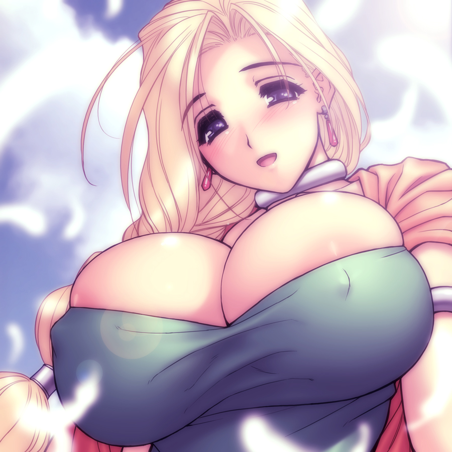 areola_slip areolae bianca blonde_hair blue_eyes blush braid breasts bursting_breasts cloud covered_nipples day dragon_quest dragon_quest_v earrings feathers hair_over_shoulder huge_breasts jewelry long_hair magaki_ryouta single_braid sky smile solo