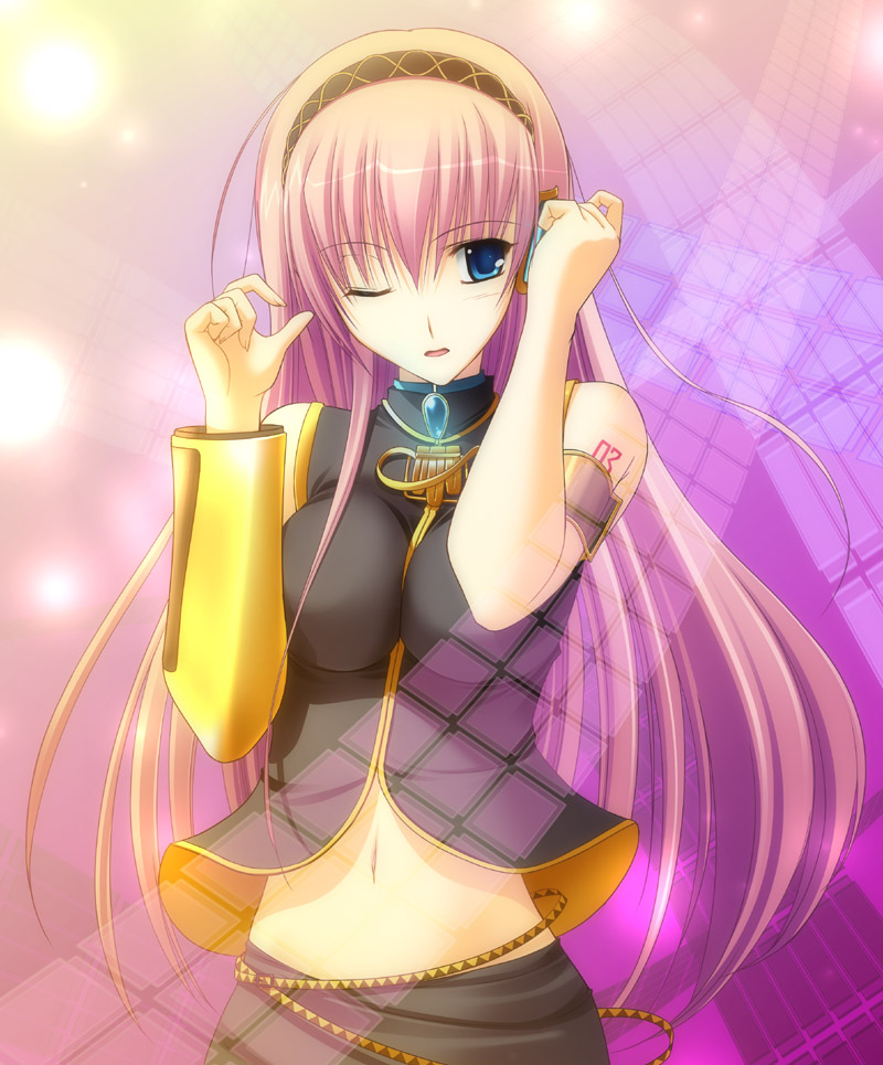 blue_eyes hairband long_hair megurine_luka navel one_eye_closed pink_hair solo takepon vocaloid