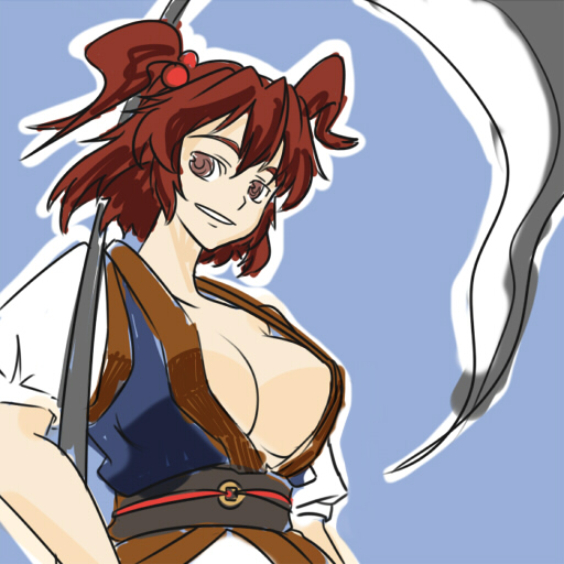 breasts large_breasts onozuka_komachi open_clothes open_shirt red_eyes red_hair scythe shirt short_hair solo touhou two_side_up wabi_(wbsk)