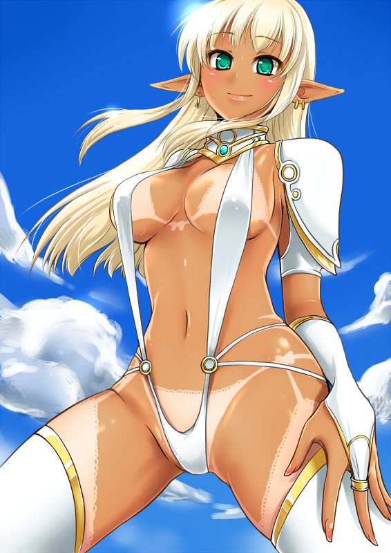 accessory_tan bad_id bad_pixiv_id bikini_tan blonde_hair blush breasts bridal_gauntlets cloud day earrings elf from_below green_eyes hand_on_hip jewelry large_breasts long_hair looking_at_viewer original pochi_(pochi-goya) pointy_ears shiny shiny_skin sky slingshot_swimsuit smile solo sun swimsuit tan tanline thighhighs white_legwear