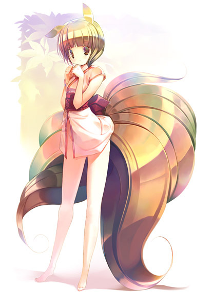 animal_ears barefoot bottomless cat_ears copyright_request hanpen md5_mismatch multicolored_hair no_panties ribbon solo tail