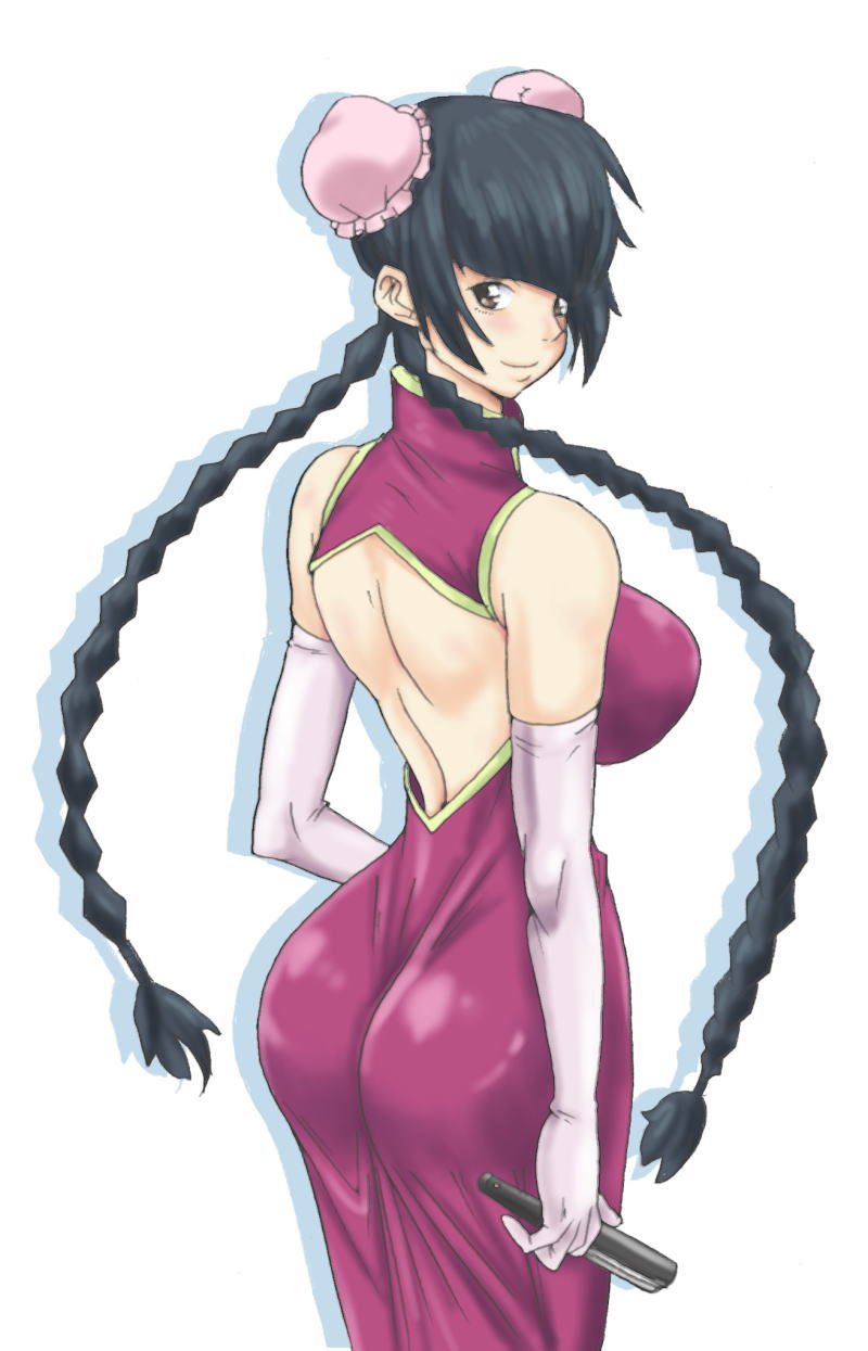 ass back backless_outfit black_hair braid breasts bun_cover china_dress chinese_clothes double_bun dress elbow_gloves gloves gundam gundam_00 highres huge_breasts long_hair looking_back smile solo toryuu twin_braids twintails wang_liu_mei
