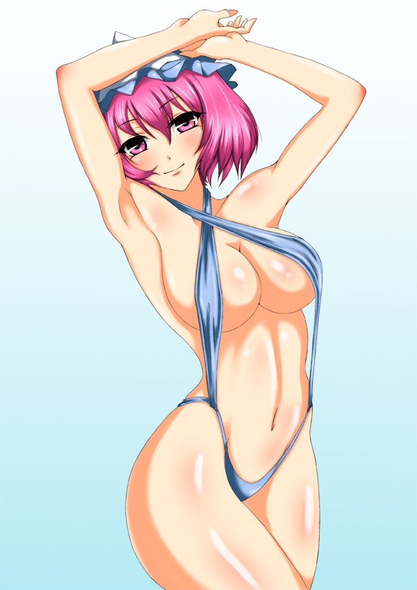 armpits arms_up bad_id bad_pixiv_id banned_artist breasts cleavage curvy hat large_breasts pink_eyes pink_hair s_tanly saigyouji_yuyuko shiny short_hair slingshot_swimsuit solo swimsuit touhou