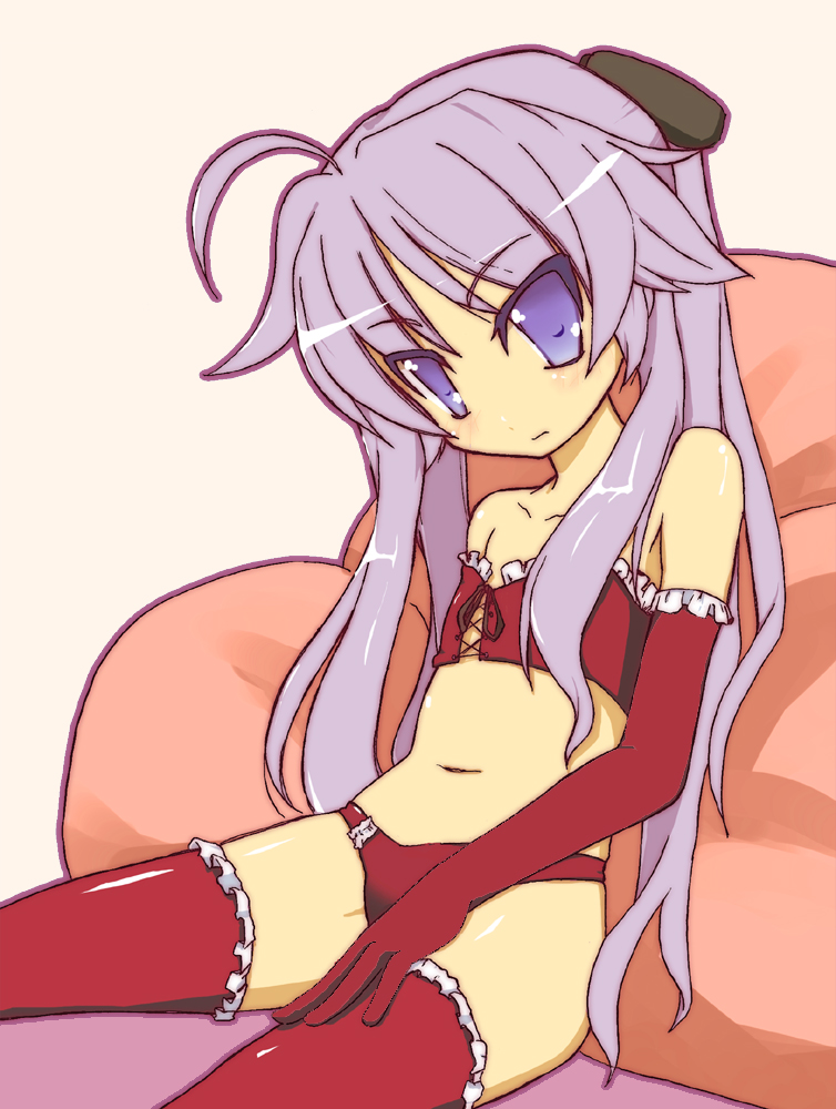 blue_eyes bustier elbow_gloves flat_chest gloves hiiragi_kagami lingerie lucky_star navel panties pon_(shind_997) purple_hair red_panties sitting solo thighhighs underwear